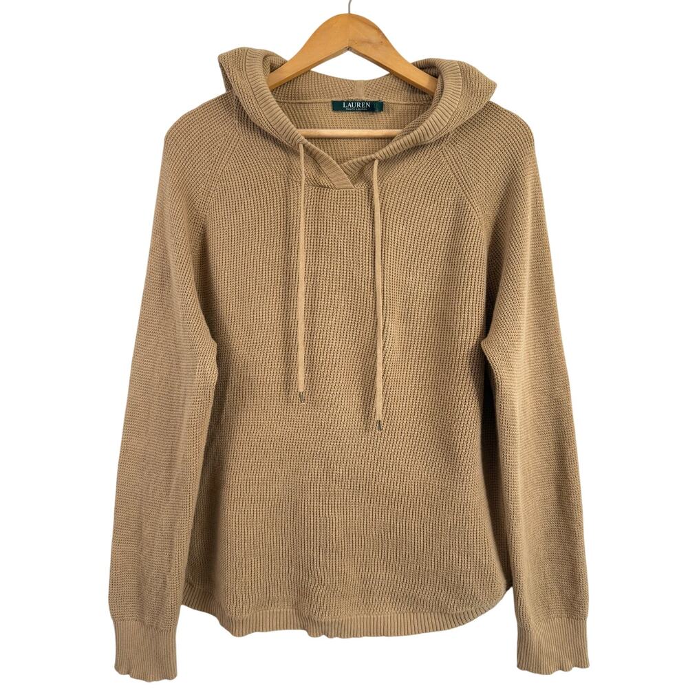 Lauren Ralph Lauren Waffle Knit Pullover Hoodie Tan XL 100% Cotton